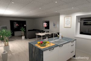Visualisering af køkken ifm. stue